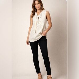 Avara White Lace-Up 100% Cotton Sleeveless Tunic Top Boho Minimal Chic Size XL